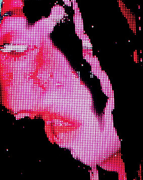 Abstract digital portrait with red and white pixelated visuals by Elin Fiorentino