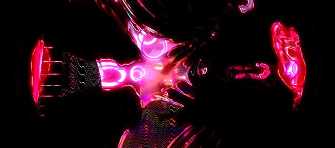 Abstract red and pink glowing shapes with fluid distortions on a black background