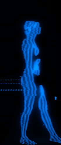 Blue glowing digital human figure in profile walking, composed of vertical light lines against a black background