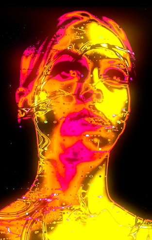 Front-facing neon digital portrait with layered distortions in yellow and pink from Night Dancer (2025) by Elin Fiorentino