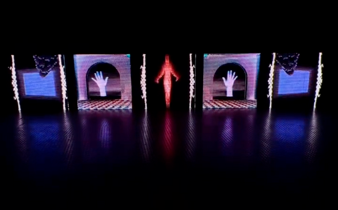 Symmetrical audiovisual installation with digital human figure and abstract projections across multiple screens