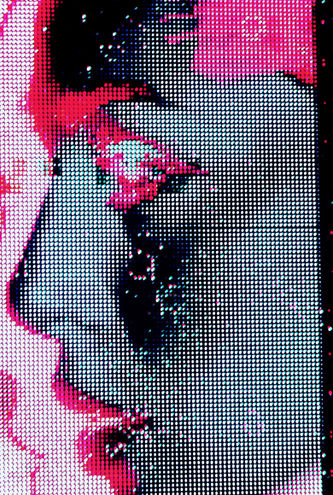 Abstract face dissolving into pixel noise and glitch distortion, Perceive or Receive (2025) by Elin Fiorentino