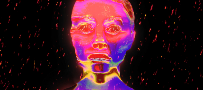 Colorful digital face with glowing distorted features on a dark background