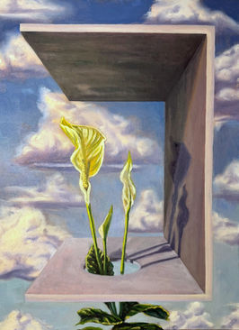 painting of peace lily floating in a concrete structure