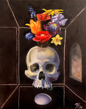 human Skull painting with flowers blooming out of the skull. Floating egg, dimensional dark line with window.