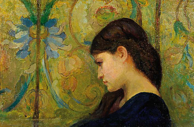 adolfo mutti: testa di donna con fondo di arazzo a fiori