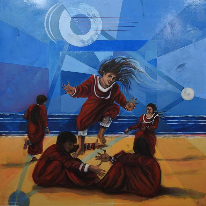 (#1) Playing Beneath the Diurnal Moon”,Oil on canvas,200 x 200 cm, 78.74 x 78.74inches, A