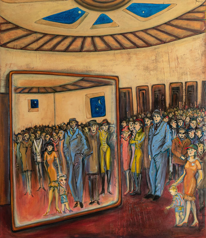 (#1) Transhumants in Front of the Mirror of Life, Acrylic & oil on canvas, 149 x 127.5 cm,