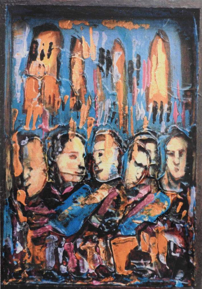 (#22) Transhumants on the Edge of Happiness, Acrylic & oil on wooden box, 40 x 30 cm, 15.