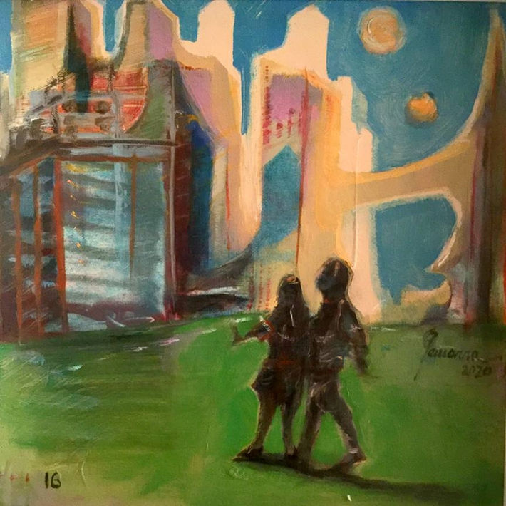 #17- The Enjoyment of Being Together, Oil on paper, 23 x 23 cm, 9 x 9 inches, Abu Dhabi 20