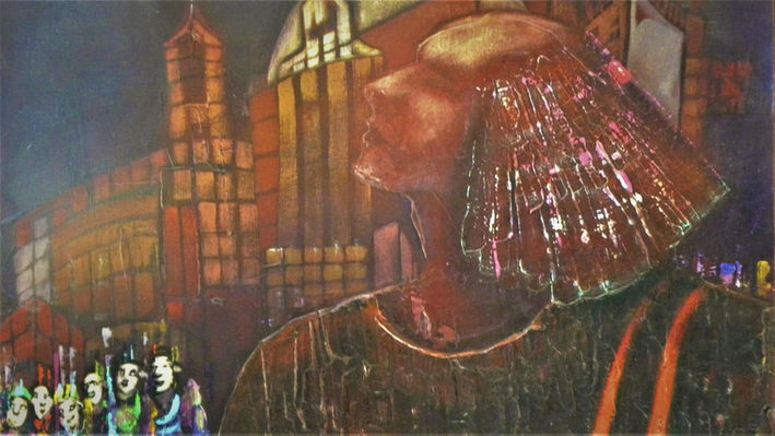 (#24) Transhumants in a Times Square Evening, Oil on canvas, 80 x 120 cm, 31.49 x 47.24 in