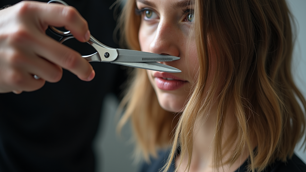 Close-up view of hairdresser cutting layered hair with scissors