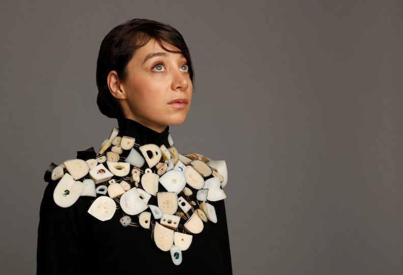 Neckpiece titled 6 out of 100 by Mizuki Tochigi, made from recycled heels and Swarovski crystals, representing the gender inequality in the workplace, where only 6 out of 100 CEOs are women.