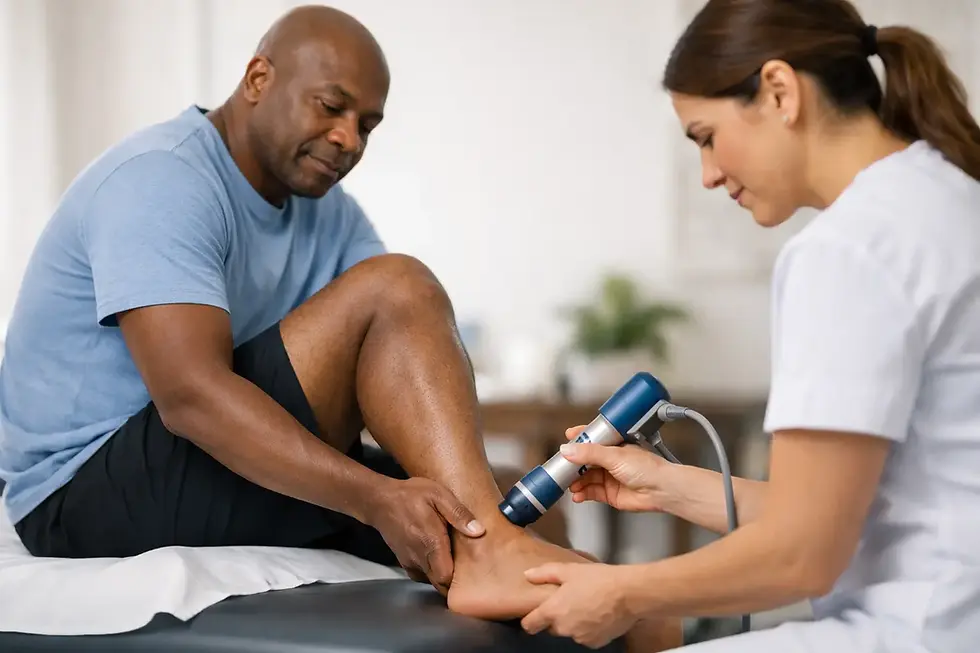 EMS DolorClast radial shockwave therapy for persistent Achilles tendon pain at Reborn Chiropractic in Brea