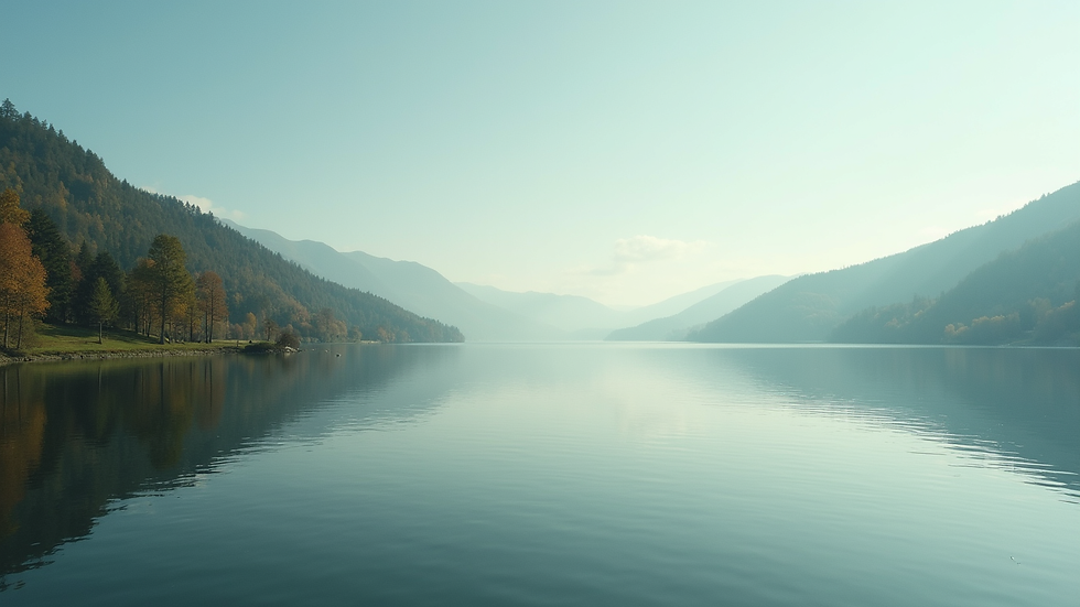 Eye-level view of a serene landscape with a calm lake