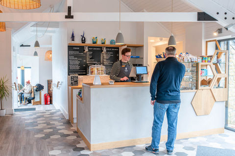 Cafe counter with concrete effect finishes at The Minack Theatre Cafe