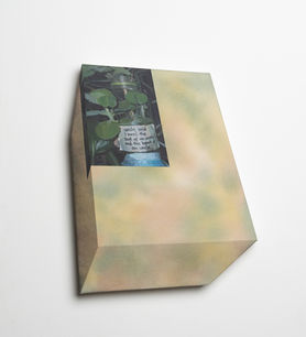 Michael Rikio Ming Hee Ho, Japanese and Cantonese American artist based in Tokyo, shaped text-based conceptual painting from the 2026 Hart Haus solo exhibition and i love you dearly. The box-like trompe-l’œil canvas features a pale yellow-green field, a small painted image of leafy plants in a reused container, and a handwritten note reading “uncle said I need the soul of an aunty and the heart of an uncle.” Ho uses local domestic imagery, poetic language, and spatial illusion to examine care, cultural memory, family inheritance, and the emotional structure of everyday life.