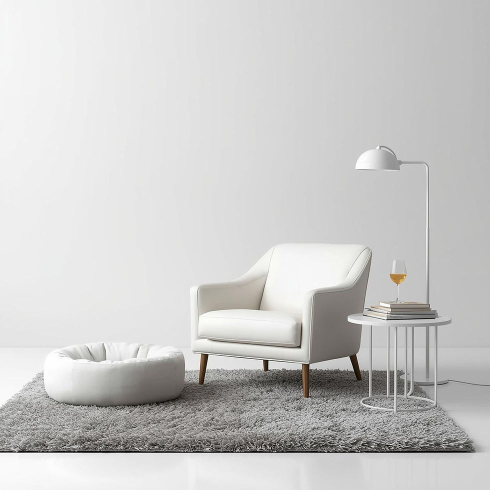 in front of a warehouse white wall, a white leather chair, on a white a grey fluffy rug, a