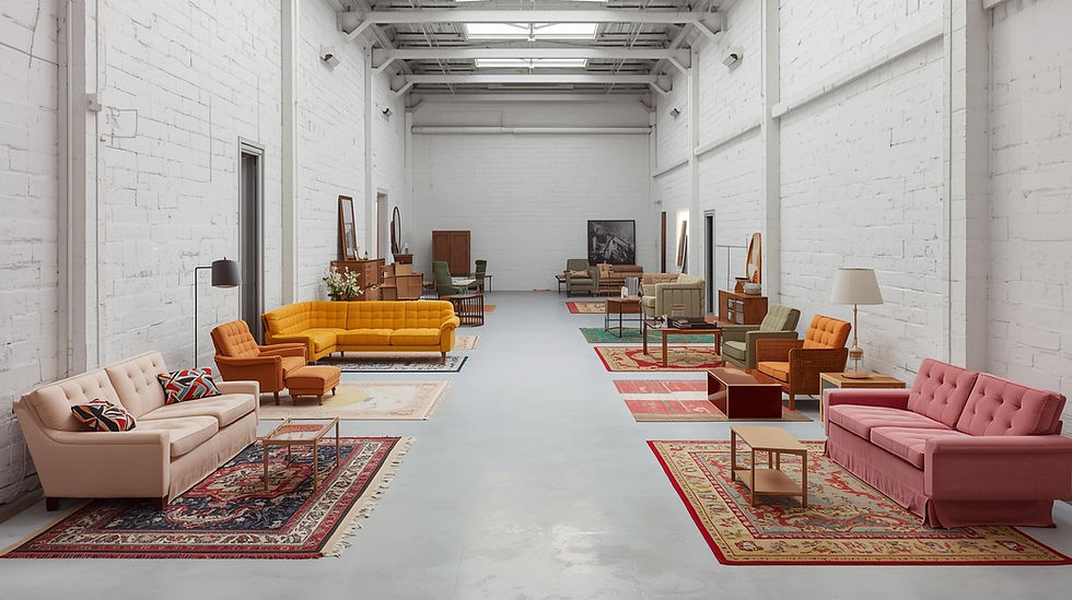 create various furniture in a small narrow warehouse having white walls with various furni