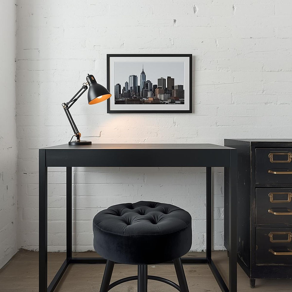 zoomed in, in front of a white warehouse wall, a black standing desk, a tufted bar stool,