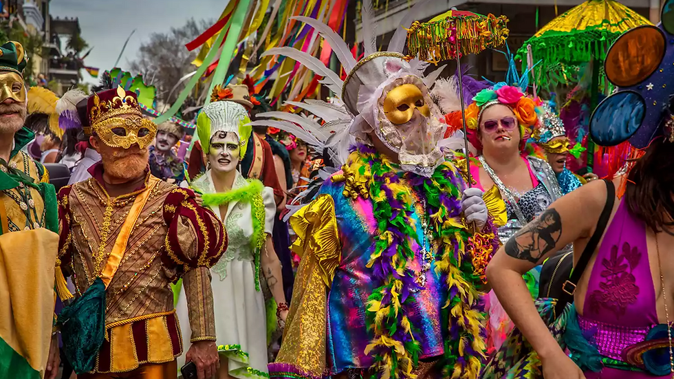 Mardi Gras street celebration filled with people in costume