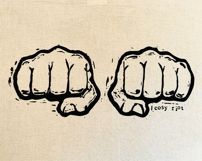 Tote Bag by Cosy Riot, silkscreen print, handprinted, streetwear, band shirt, punk, LGBTQ+, fists, knuckle tattoo