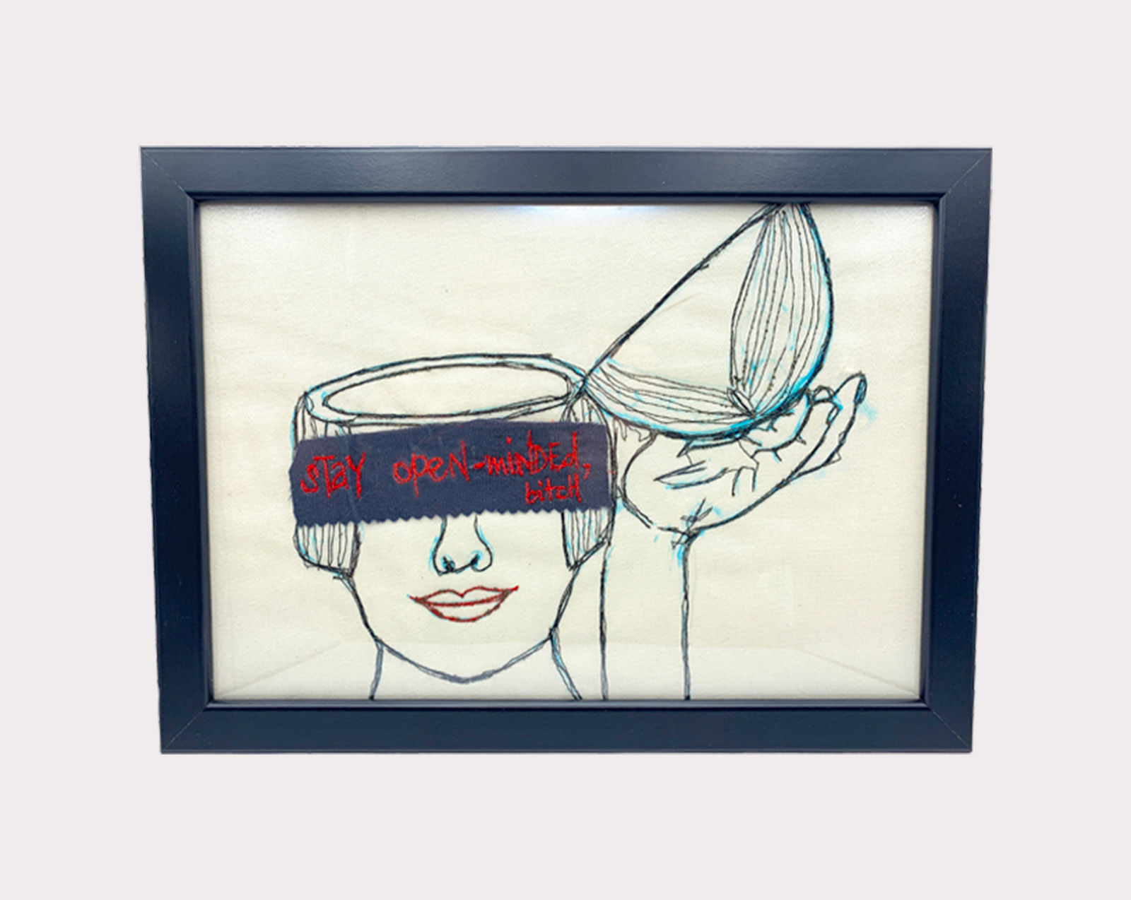 Art by Cosy Riot, free motion embroidery, sewing, stay open-minded, open head, empty head, Punk, Riot