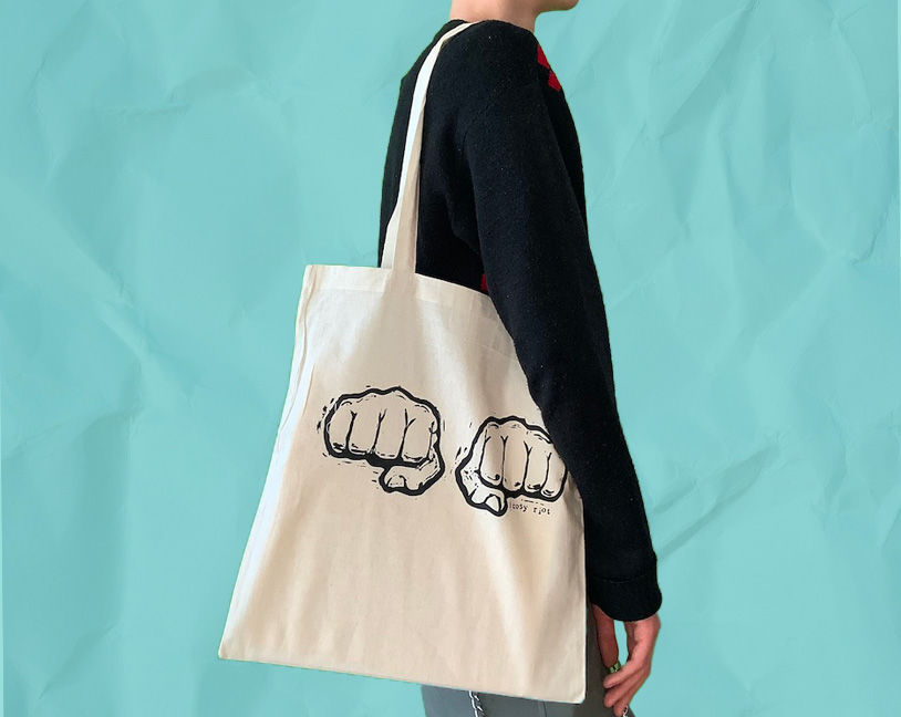 Tote Bag by Cosy Riot, silkscreen print, handprinted, streetwear, band shirt, punk, LGBTQ+, fists, knuckle tattoo