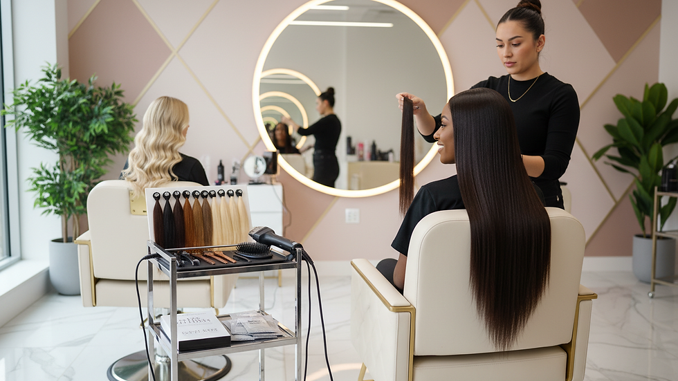 Eye-level view of luxury salon chair and hair extension tools ready for installation