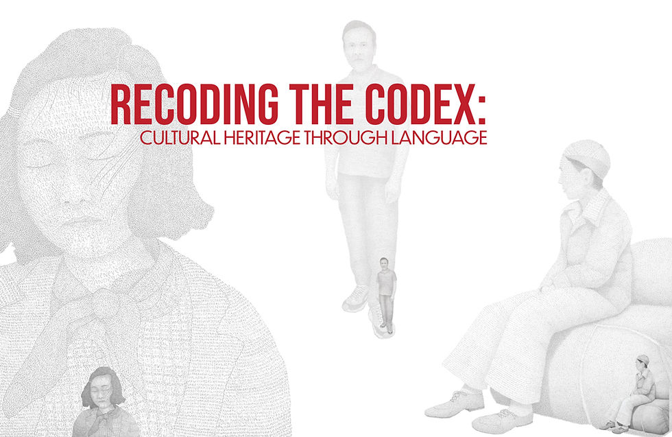 Composition of three portraits. Left portrait is an Asian woman with her eyes closed. Middle portrait is a man standing. Portrait on the right is a male priest sitting. All figures are drawn using words in place of lines and shading. Text reads Recoding the Codex: Cultural Heritage Through Language.