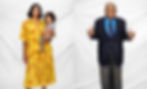 Two studio portraits. Photo on left shows a Latina woman in a yellow outfit holding a young child on her hip. Photo on the right shows an older African American man in a suit holding out his hands.