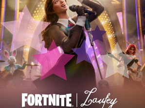 Laufey singing on fortnite festival with colored star overlay