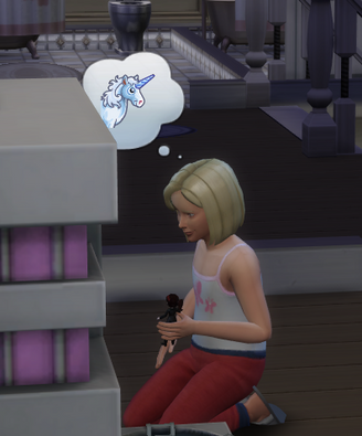 Child in Sims 4 playing with a modern large dollhouse