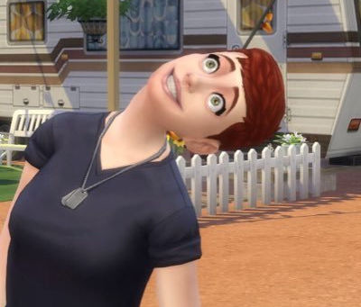 Sims 4 sim from something strange pack in a black t shirt with short red hair looking to the sky