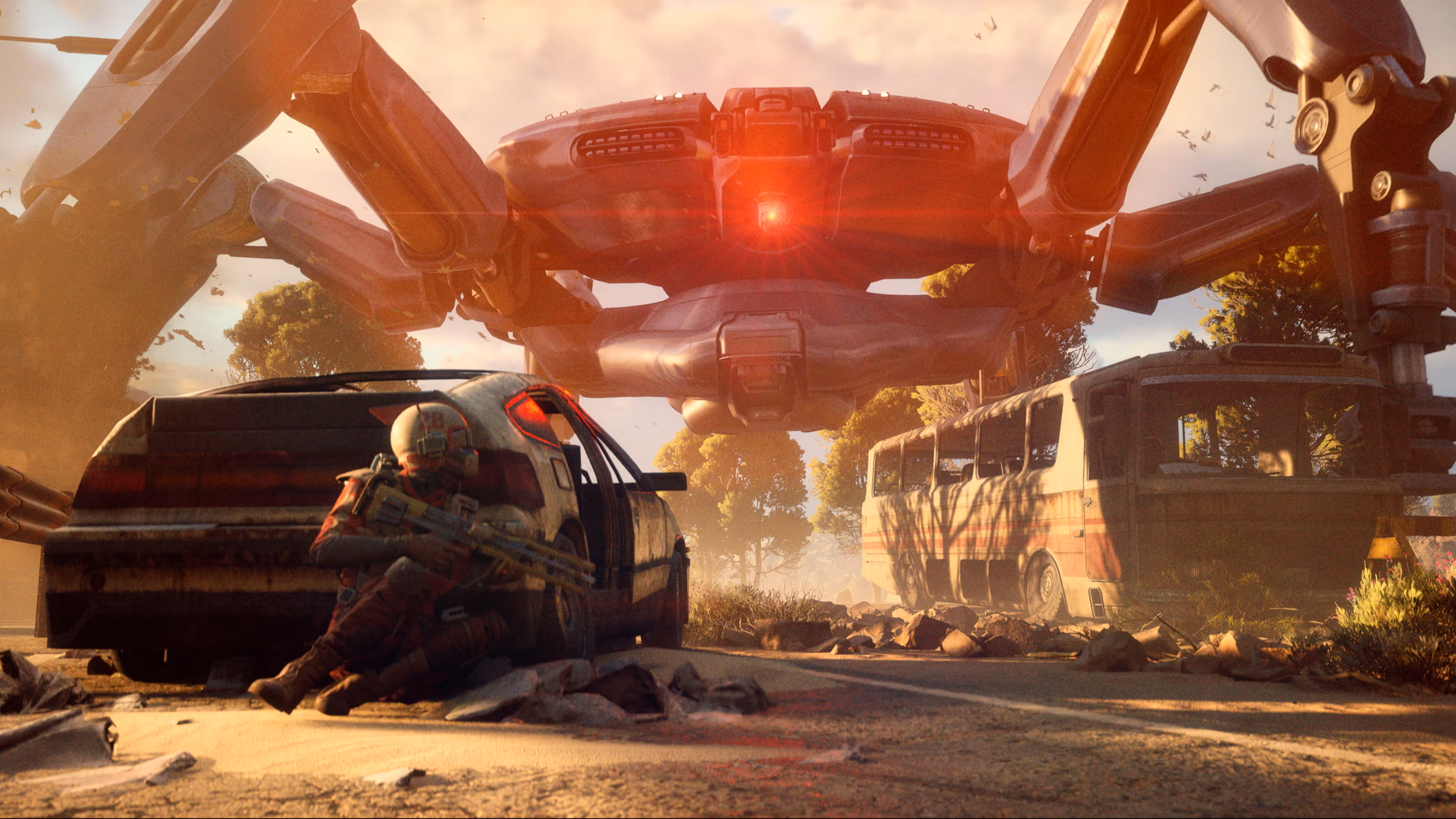 Raider from ARC Raiders hiding behind a car while a huge ARC robot stares in that direction
