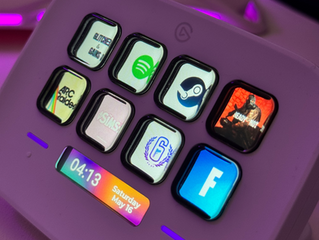 Close up of a customized white Elgato stream deck