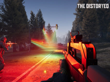 Arena Breakout character looking down an empty road lit by rainbow lights