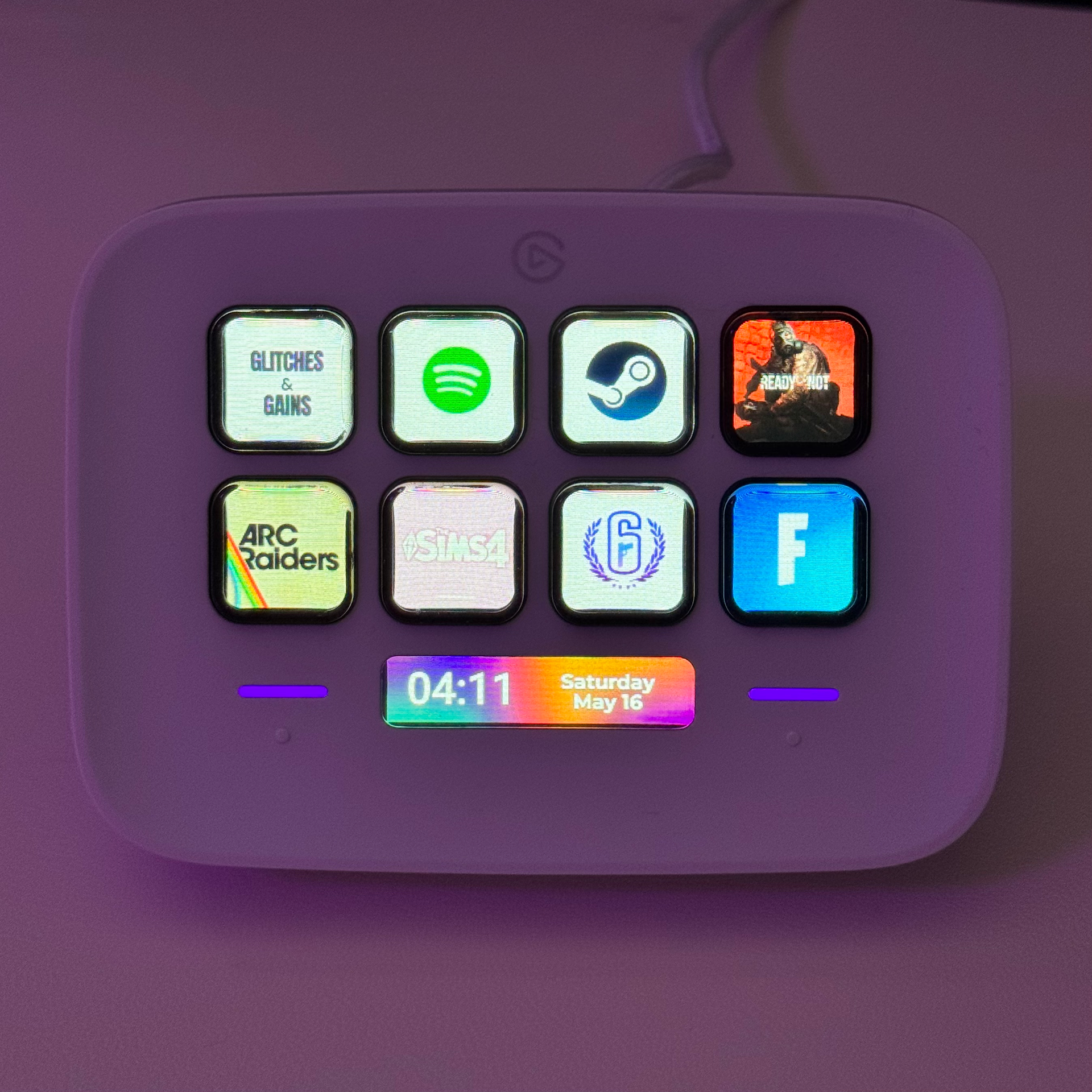 Elgato Stream Deck nano customized with pretty vibrant tiles from glitches and gains