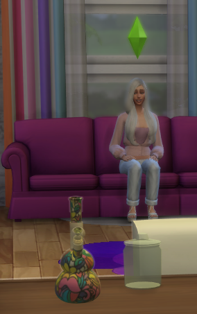 Sims 4 gameplay image of a sim sitting on a pink couch