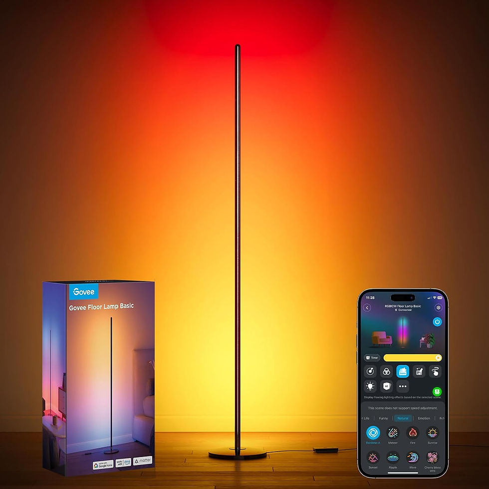 A tall floor lamp emits a red and orange glow in a room. A smartphone app on display shows lamp controls. Box nearby reads "Govee Floor Lamp Basic."