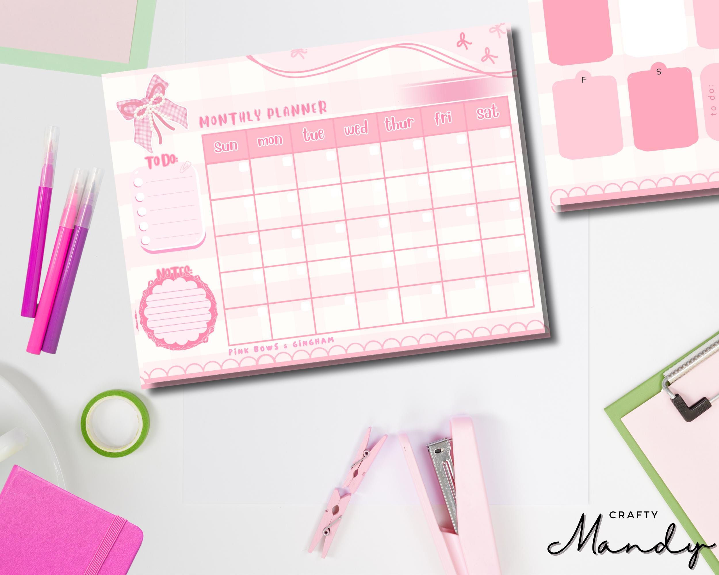 Pink Bows & Gingham Monthly Planner Notepad