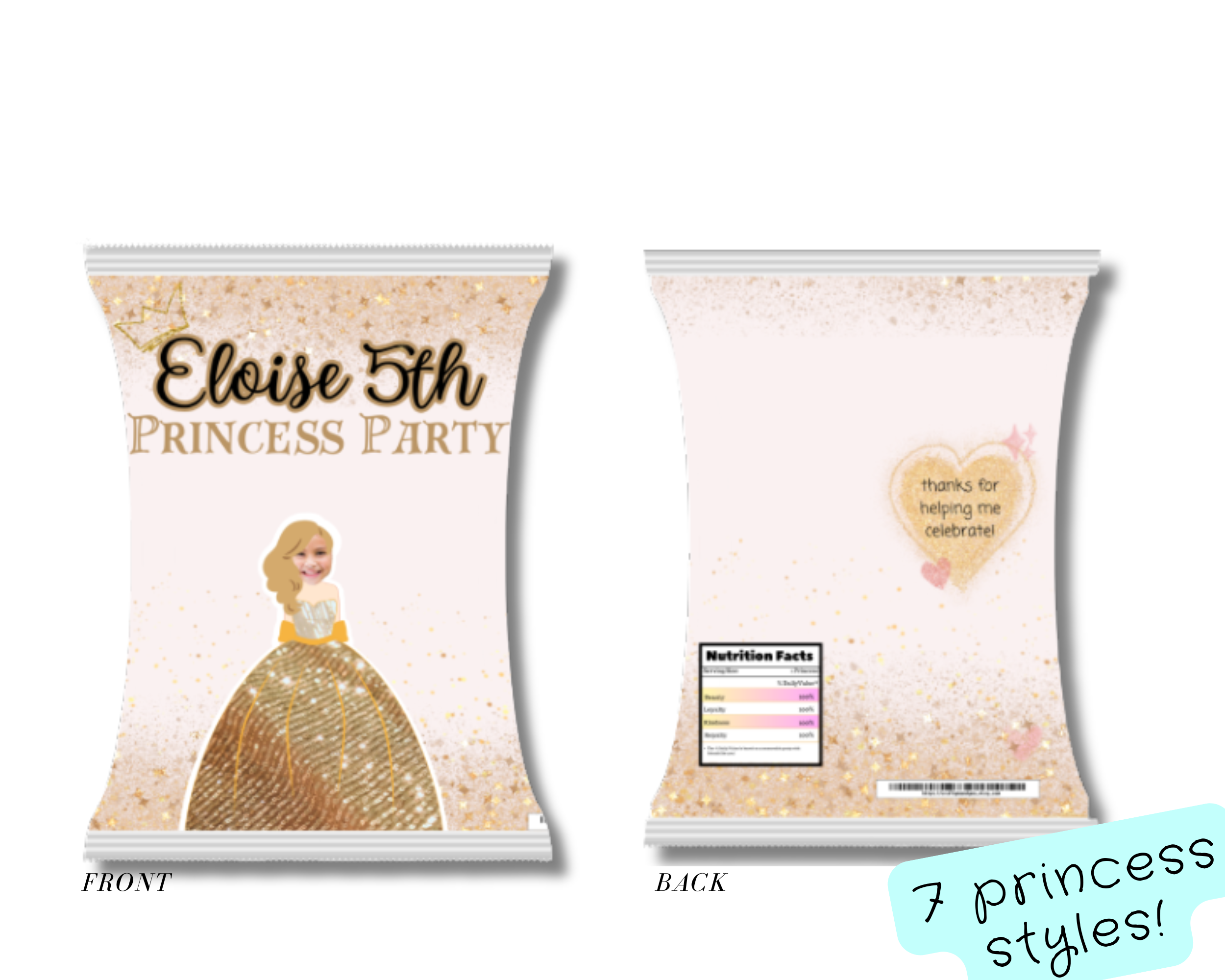 Personalized Princess Chip Bag Wrappers | Photo Party Favors