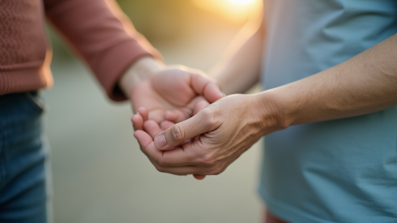 Close-up of two people holding hands for support and care.