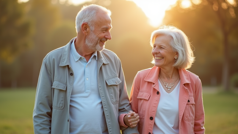 Senior couple smiling while walking in a sunlit park outdoors.