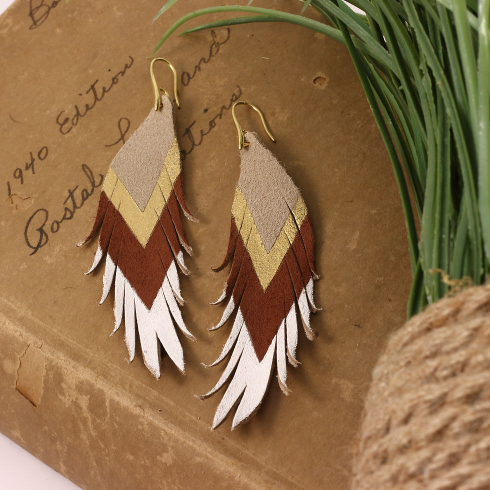 Thumbnail: Short Gold/Purple/White Painted Feather Earrings