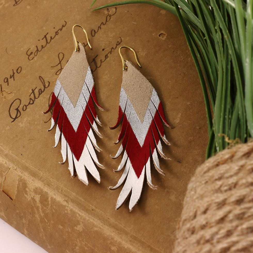 Thumbnail: Short Silver/Maroon/White Feather Earrings