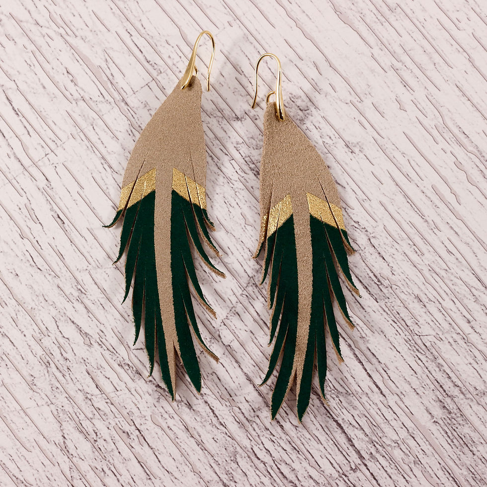Thumbnail: Short Gold/Green Painted Feather Earrings