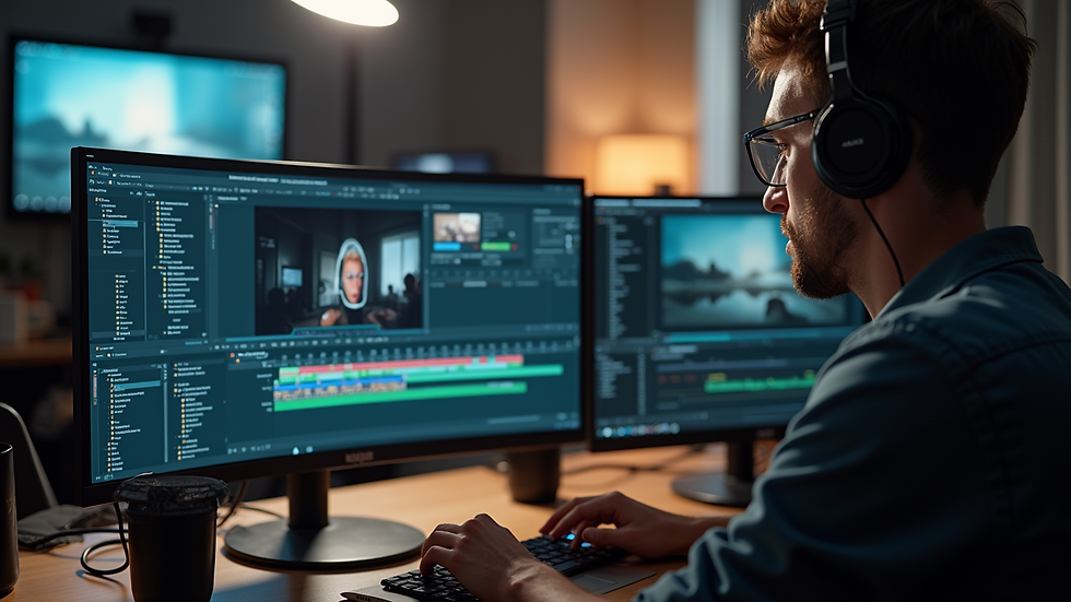 Close-up view of a video editor working on a computer with editing software