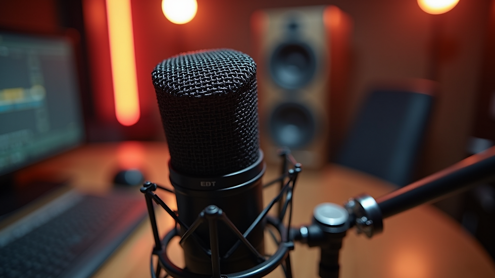 Eye-level view of a microphone setup in a professional podcast studio