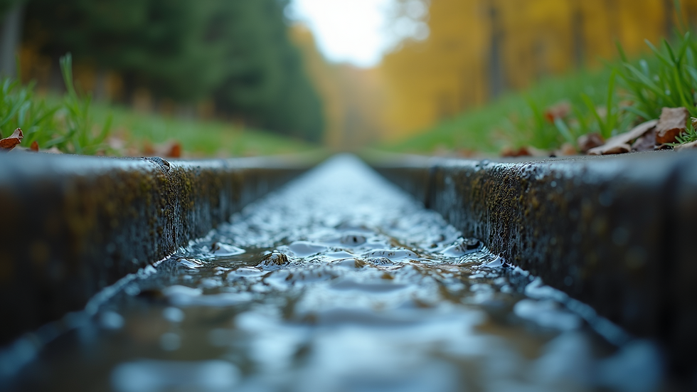 Close-up view of clean gutter with flowing water